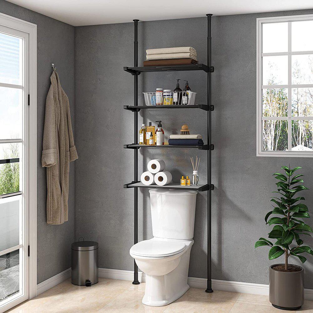 A storage rack above a toilet
