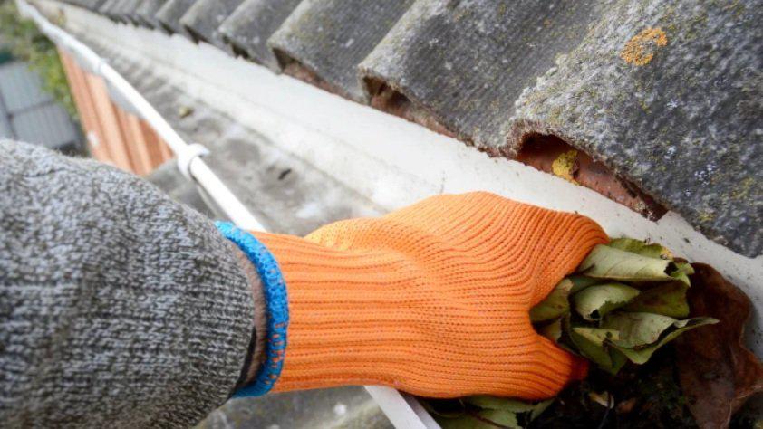 Hand reaching into gutter to grab leaves