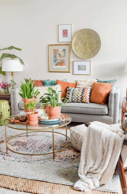 Living room with white walls and colorful accent colors