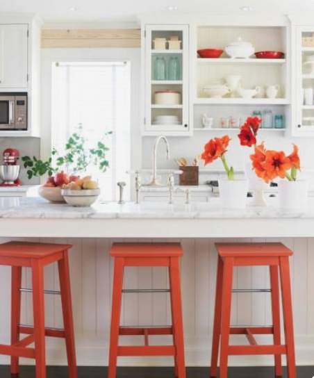 Kitchen with white walls and colorful accent colors
