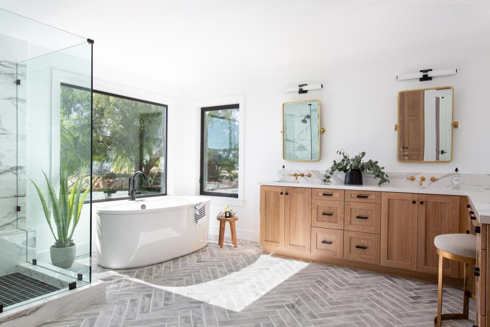 Transitional style bathroom with brown cabinets and white walls